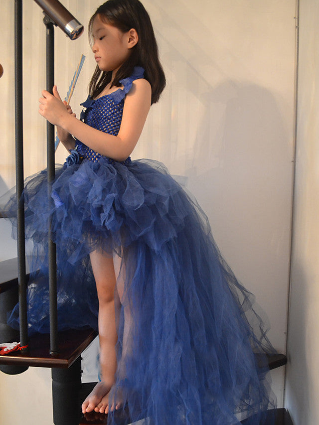 Beautiful Ball Gown Asymmetrical Flower Girl Dress with Tulle Stretch Satin and Handmade Flower