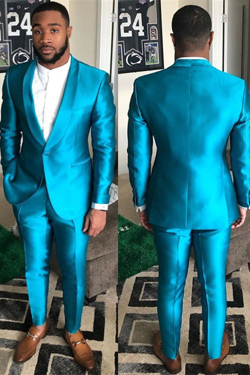 One-Button Reception Suit for Groom, Sparkly Blue with Shawl Lapel
