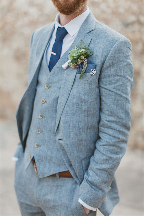 Latest Summer Blue Linen Notched Lapel Wedding Suit