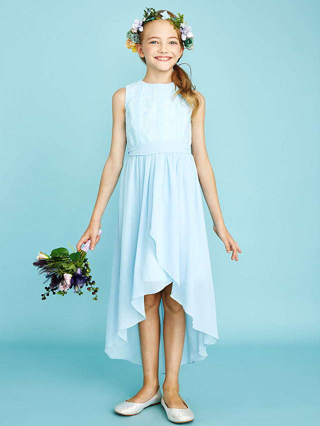 Chiffon Junior Flower Girl Dress With Pleats and Asymmetrical Neckline for Sheath Jewel Look