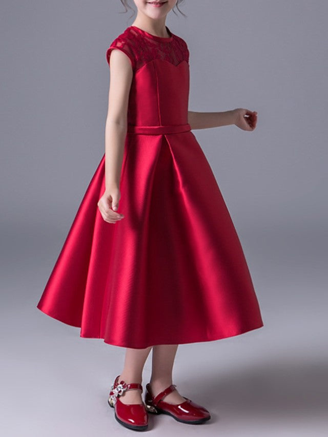 A-Line Jewel Neck Ankle Length Poly&Cotton Blend Junior Flower Girl Dress With Lace