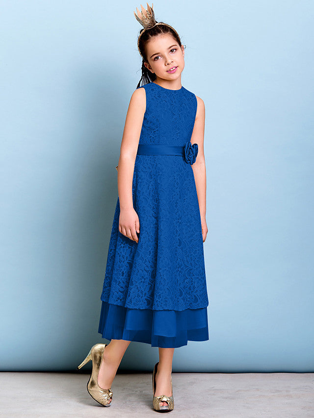 A-Line Jewel Neck Tea Length Floral Lace Junior Bridesmaid Dress with Sash & Accessories