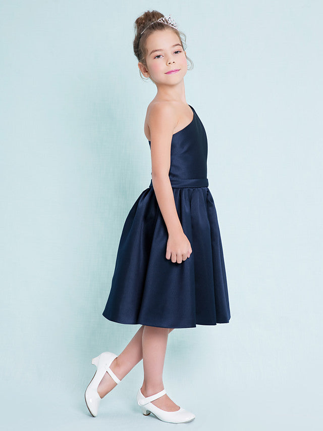 One Shoulder A-Line Satin Junior Flower Girl Dress with Sash Ribbon Pleats and Knee Length Fit
