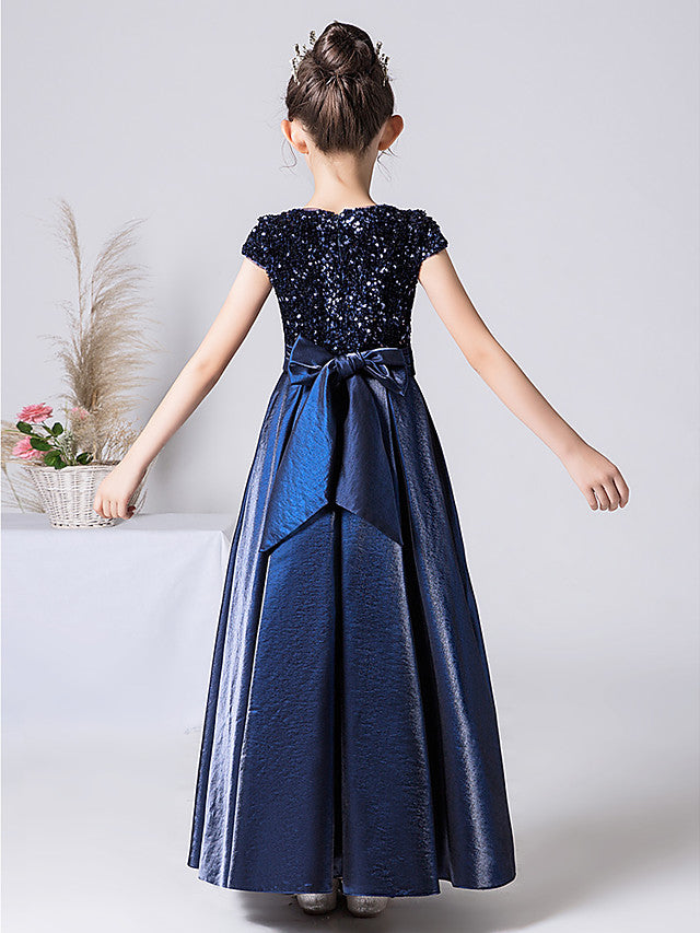 Column Cap Sleeve Jewel Neck Flower Girl Dress with Satin Pleats and Sequins