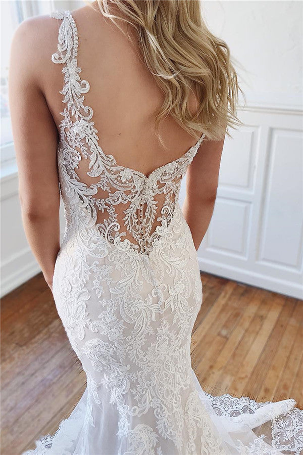 Alluring Straps Lace Crystal Mermaid Wedding Dresses With Appliques