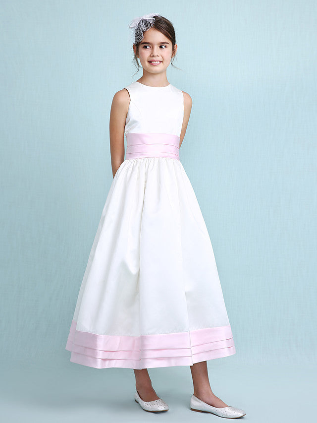 Princess A-Line Jewel Neck Satin Junior Bridesmaid Dress with Sash Ribbon Ruched Ruffles for Spring Summer Fall Winter Weddings