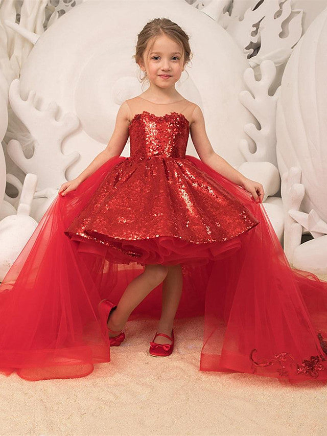 Elegant Lace Tulle Ball Gown with Sleeveless Illusion Neck and Bow Tier Paillette for Flower Girls