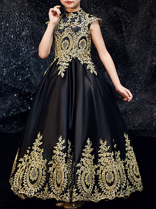 A-Line Flower Girl Dress With Appliques - Sleeveless High Neck & Floor Length