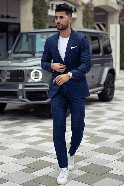 Dark Navy Prince Suit for Groom with Plaid Notched Lapel by Fashion David