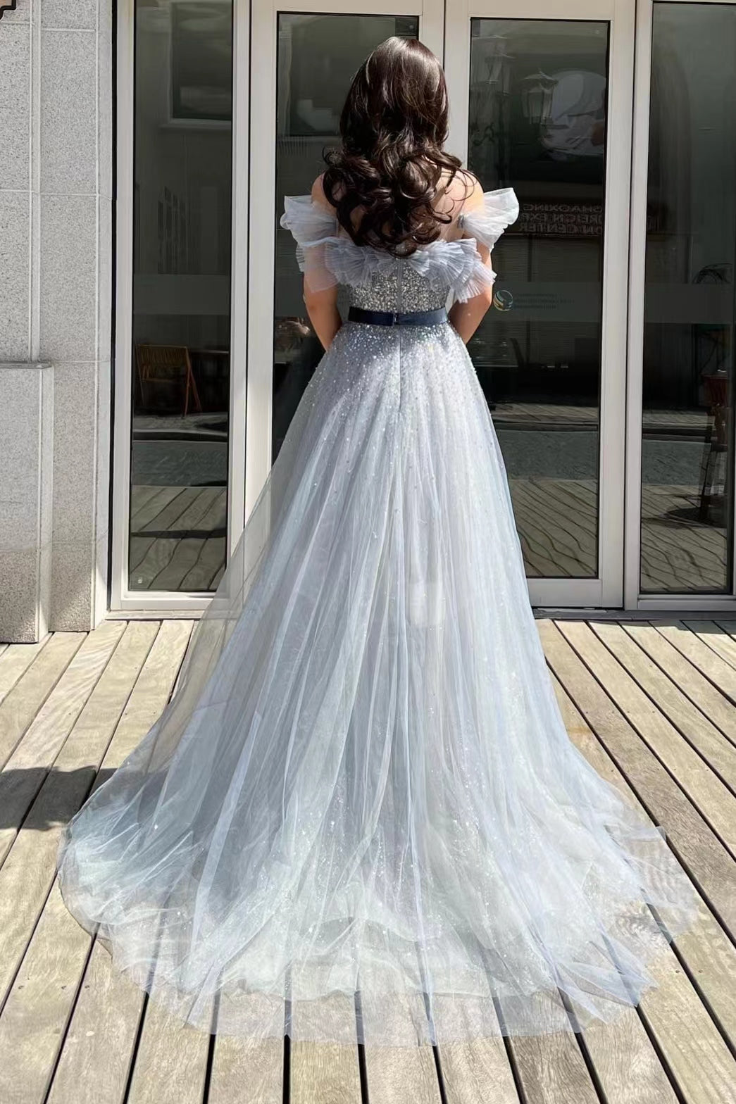 Gorgeous Off-The-Shoulder Sequins Tulle Prom Dress with Belt Beads