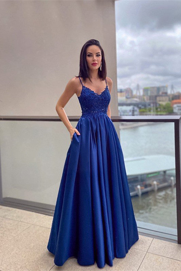 Royal Blue Lace Prom Dress with Pockets