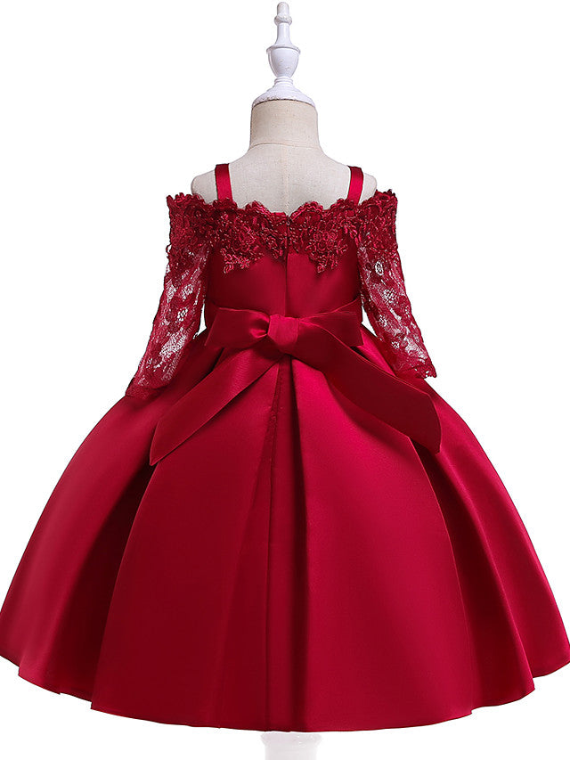 A-Line Cotton Blend Flower Girl Dress with Lace Sash & Ribbon Trim - 3/4 Length Sleeve Off Shoulder