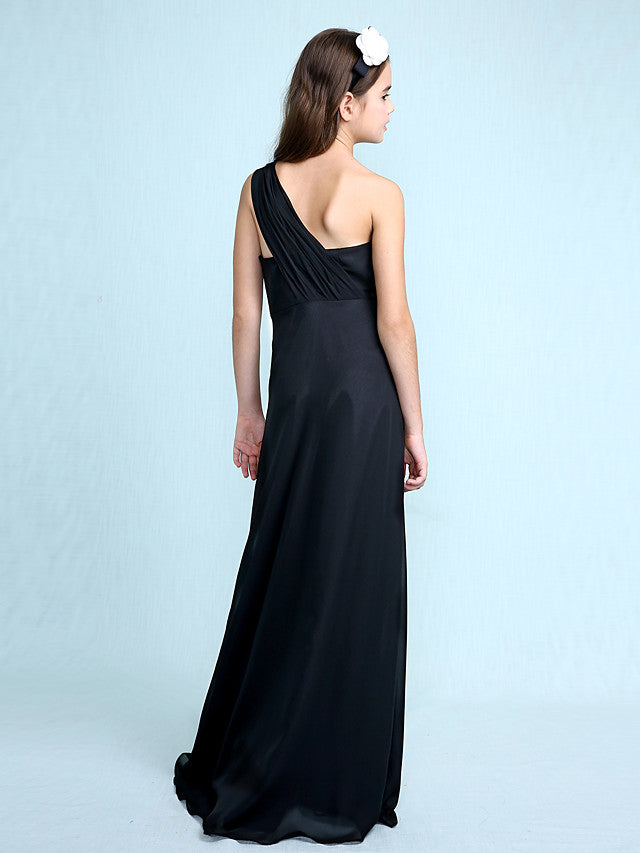 Sheath Column One Shoulder Floor Length Chiffon Flower Girl Dress with Natural Side Draping