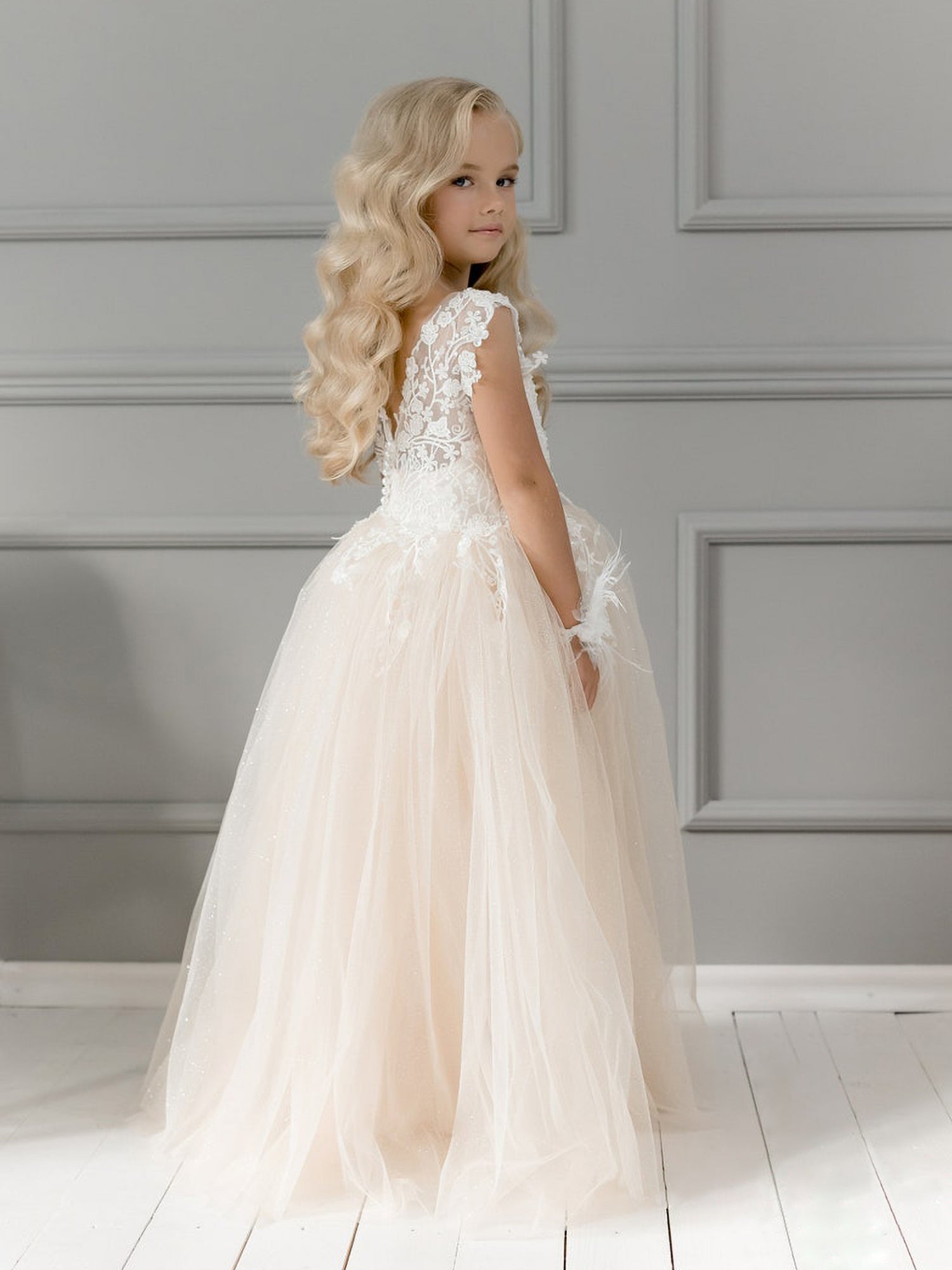 Simple A-Line Flower Girl Dress with Tulle Appliques Lace & Pearls