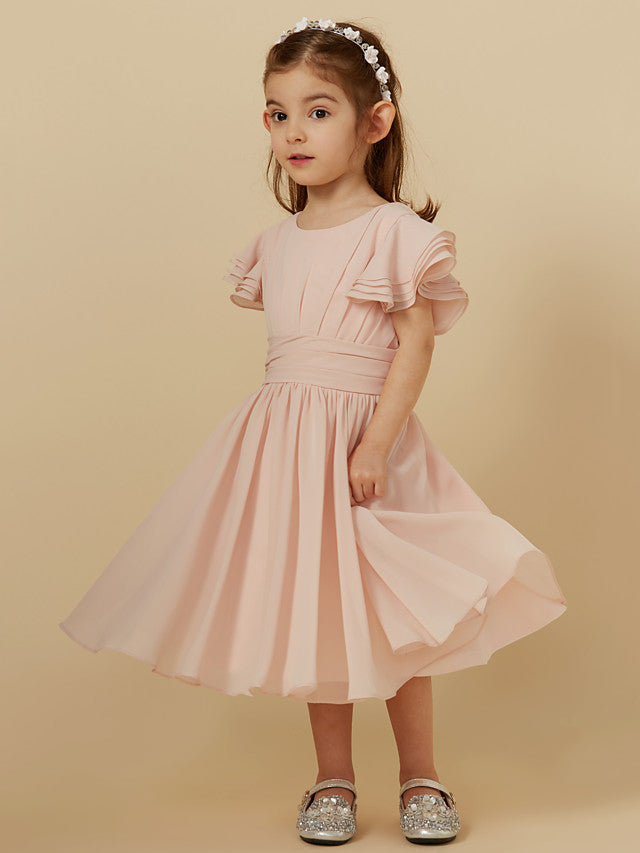 Short Sleeve A-Line Tea Length Flower Girl Dress with Sash