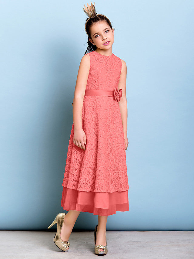 A-Line Jewel Neck Tea Length Floral Lace Junior Bridesmaid Dress with Sash & Accessories