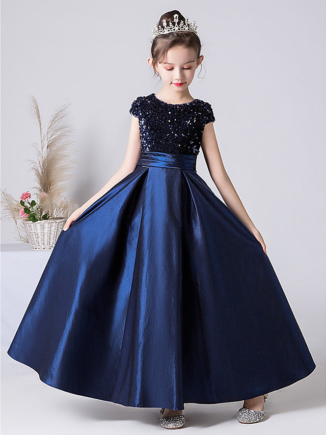 Column Cap Sleeve Jewel Neck Flower Girl Dress with Satin Pleats and Sequins