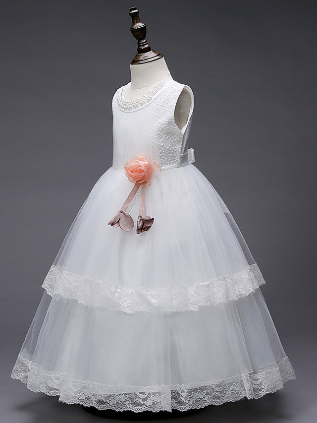 Lace Tulle Polyester Sleeveless Jewel Floor Length Flower Girl Dress With Pearls and Appliques