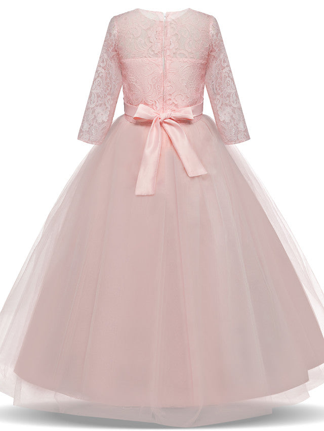 Half Sleeve Jewel Long Length Flower Girl Dress with Lace Tulle and Lace Belt Bow