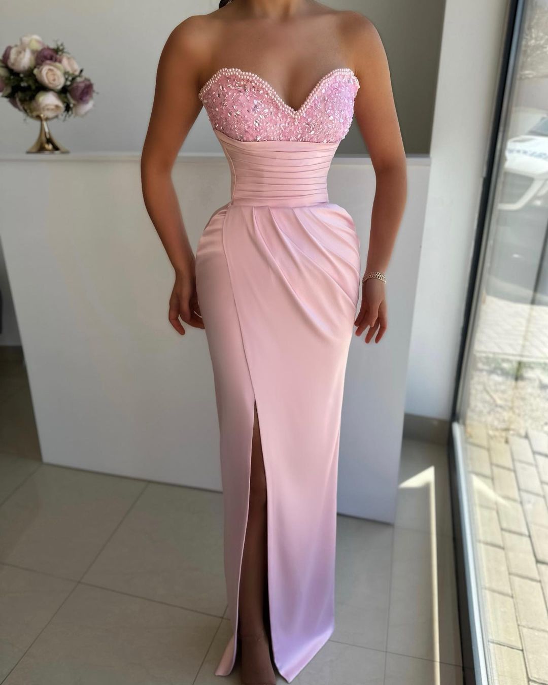 Light Blue Prom Dress with Beads - Sweetheart Split