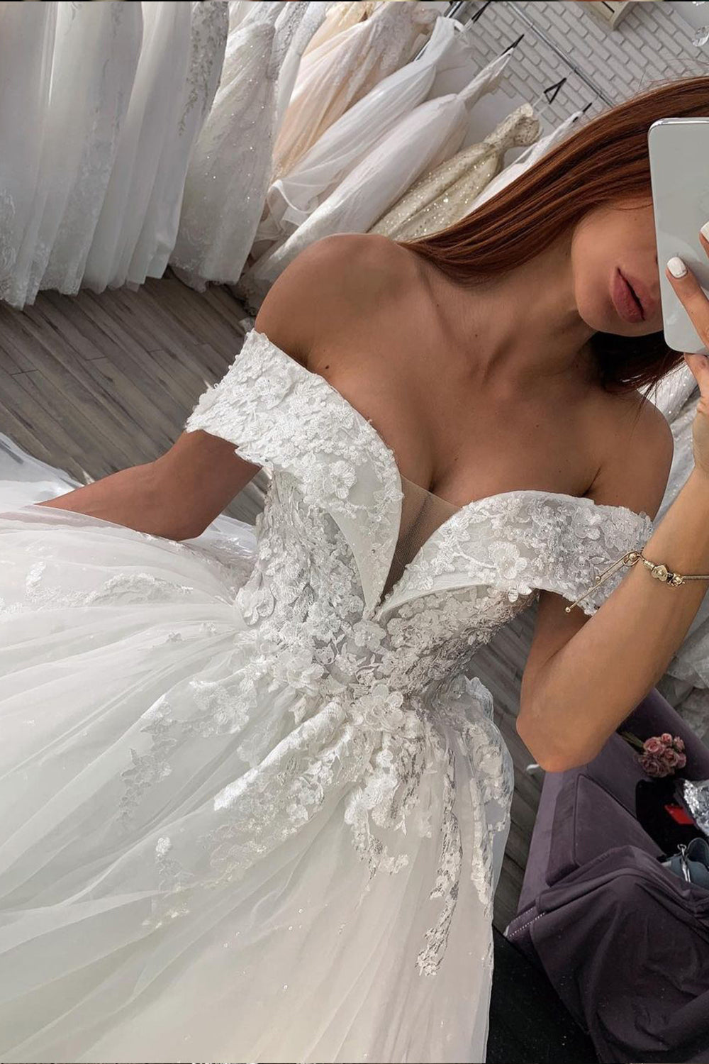 Lace Sweetheart Shiny Off The Shoulder Ball Gown Wedding Dress