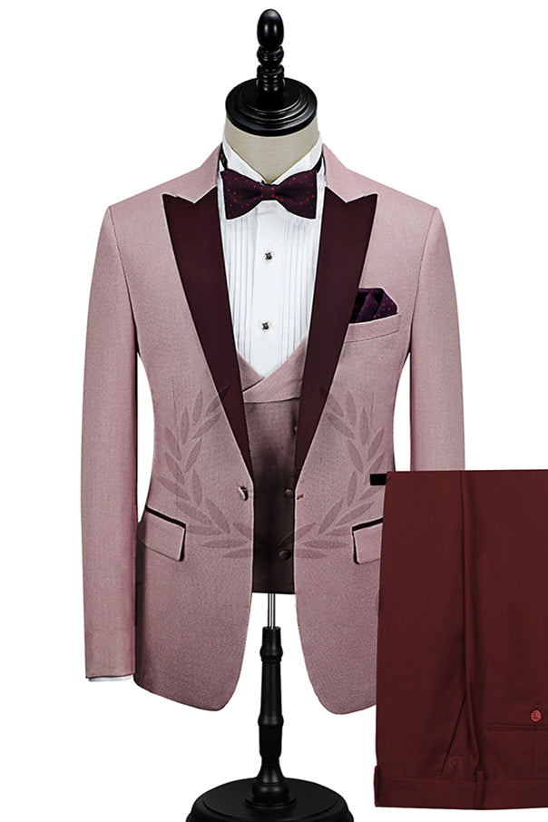 Peak Lapel Prom Suits for 22 Year Olds - Popular Burgundy with Pink One Button