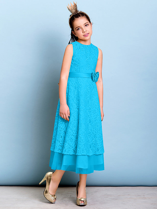 A-Line Jewel Neck Tea Length Floral Lace Junior Bridesmaid Dress with Sash & Accessories
