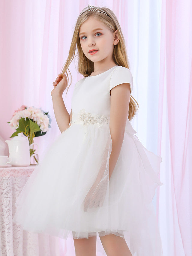Princess Cap Sleeve Jewel Neck Ball Gown Flower Girl Dress With Beading Appliques Satin Tulle