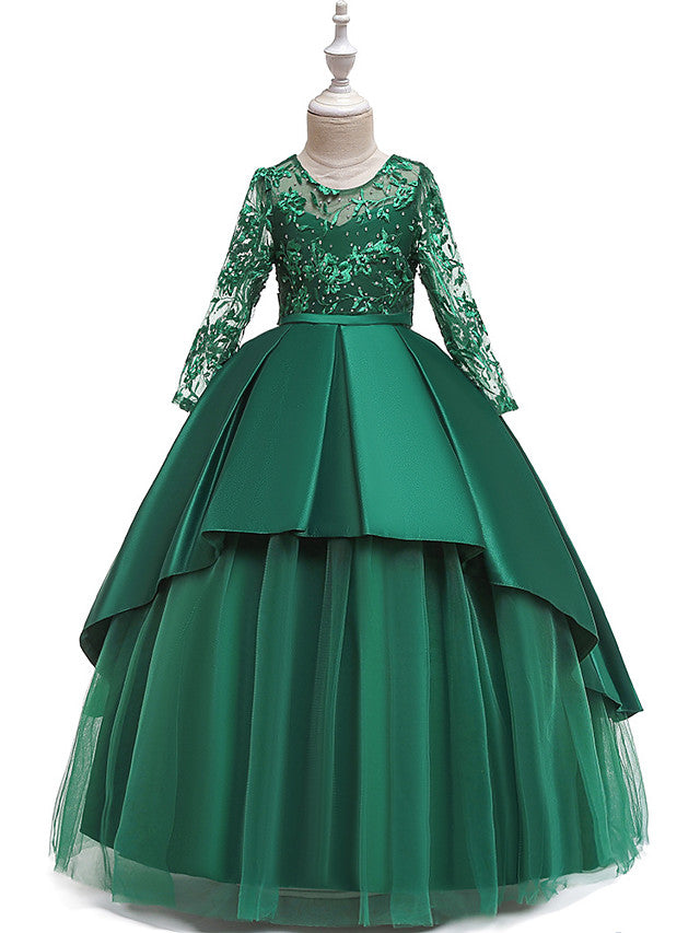 A-Line 3/4 Length Sleeve Jewel Neck Cotton Lace Ball Gown Flower Girl Dresses With Lace Sash Ribbon Pleats