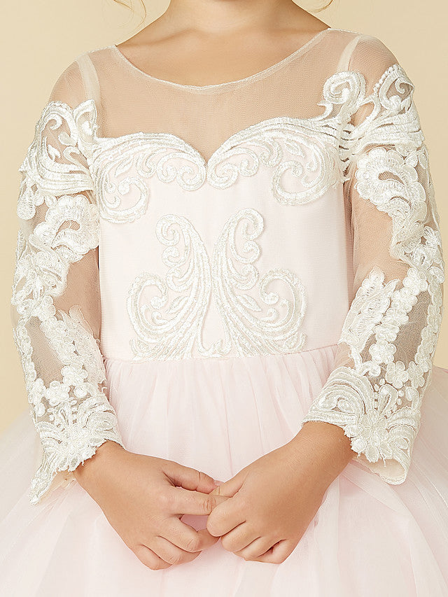 Ball Gown Long Sleeve Illusion Neck Flower Girl Dress with Lace Tulle Bows and Buttons
