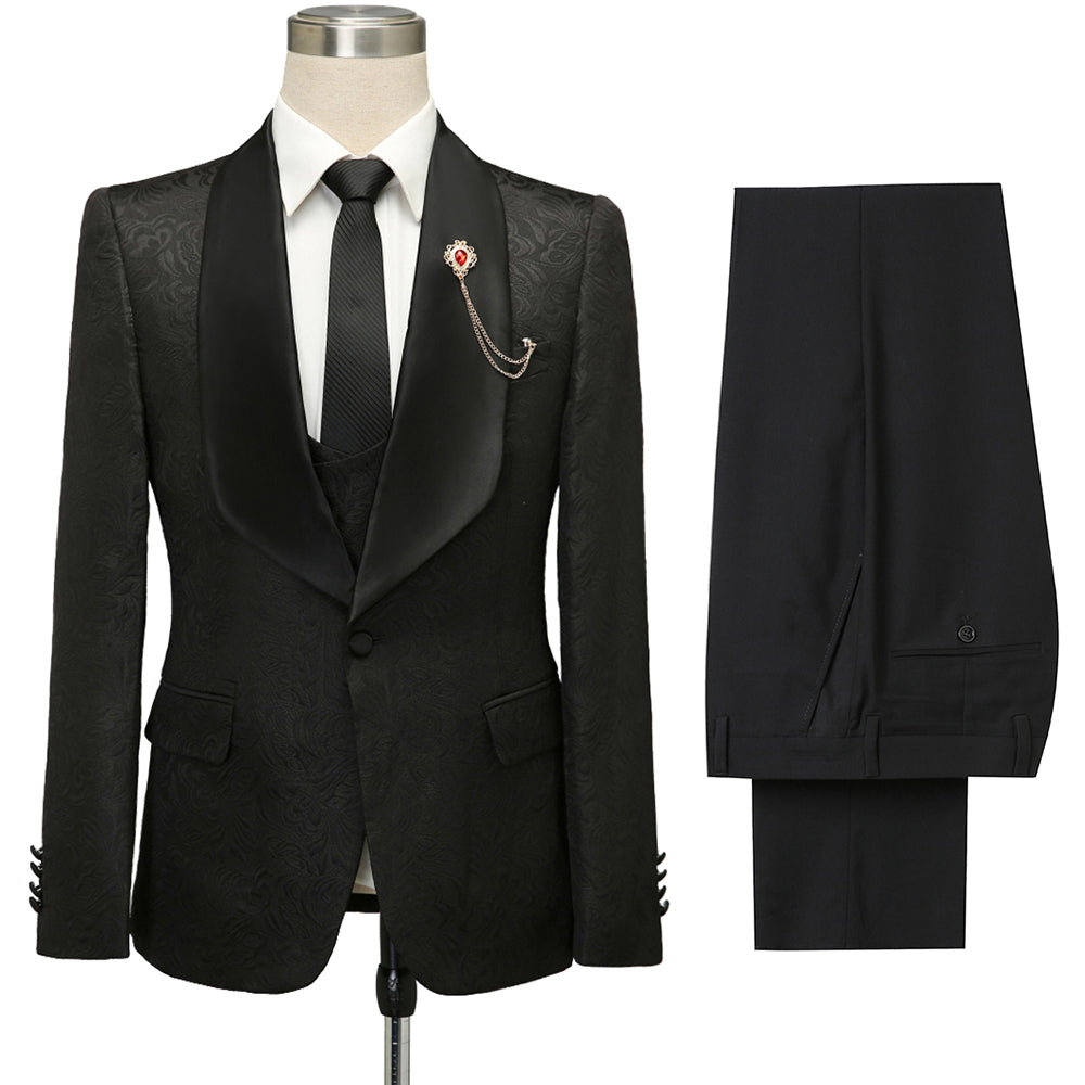 Classic Black Jacquard Shawl Lapel Wedding Suit For Men