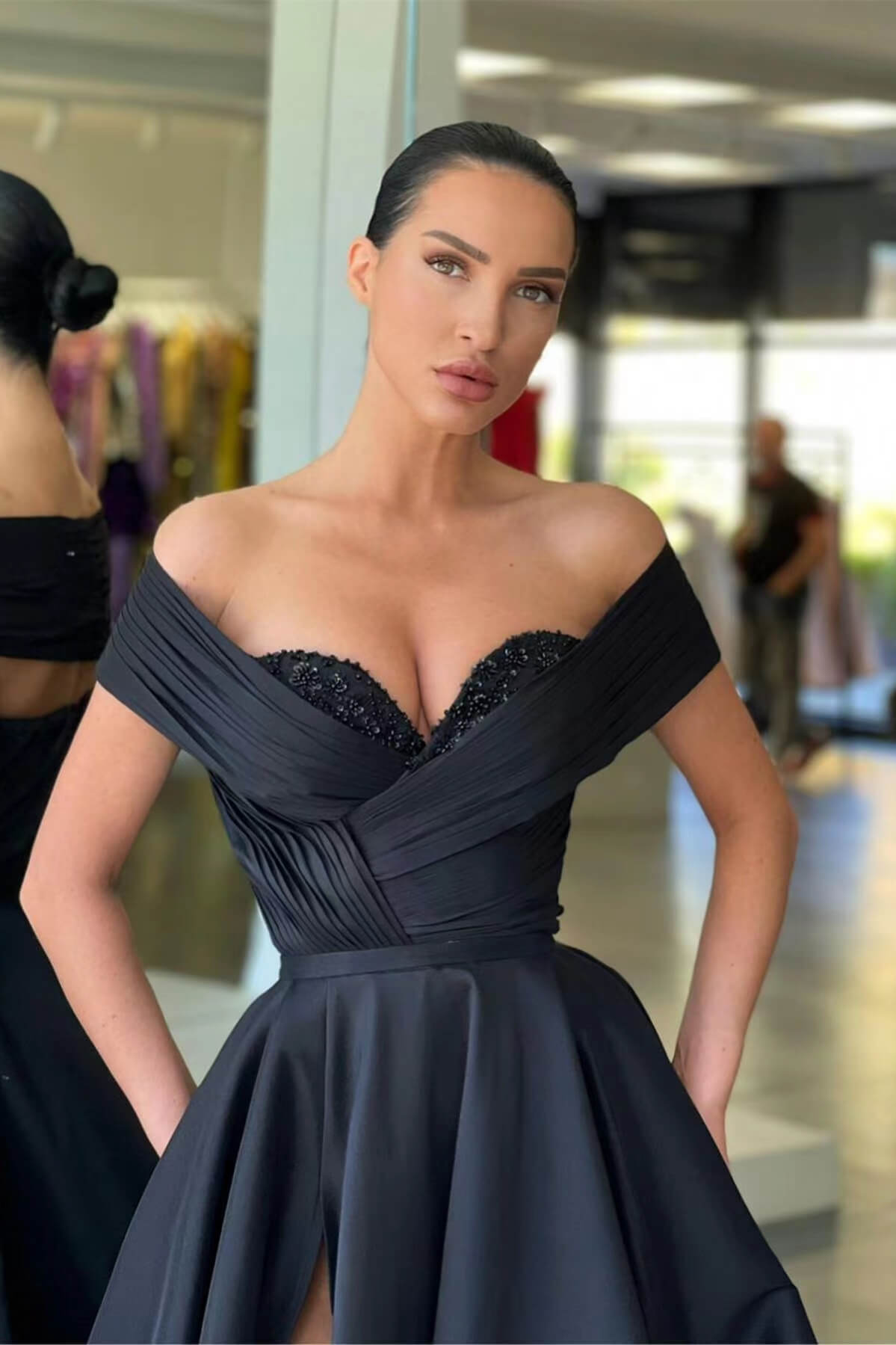 Black Long Off The Shoulder Prom Dress with Beads and A Line Split