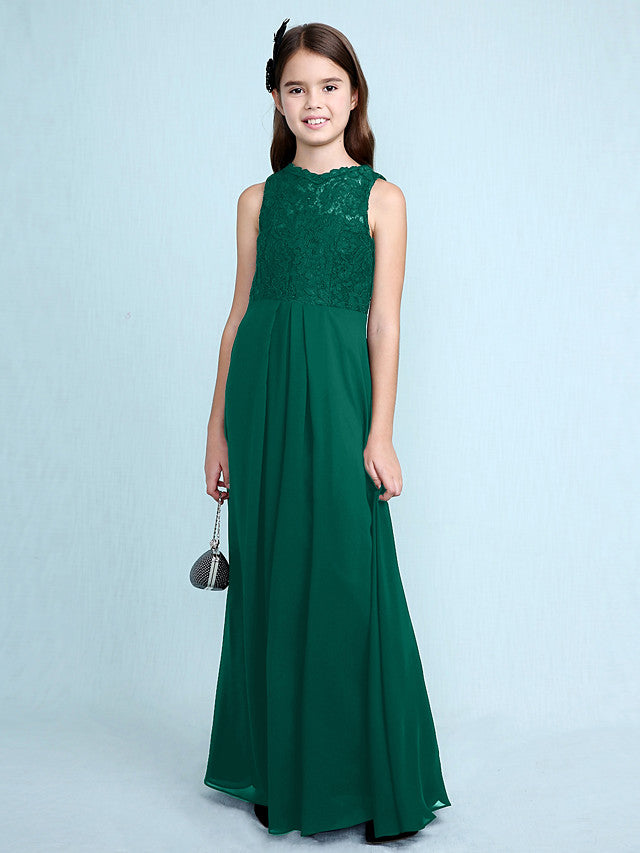 Sheath Column Scoop Neck Floor Length Chiffon & Lace Junior Bridesmaid Dress