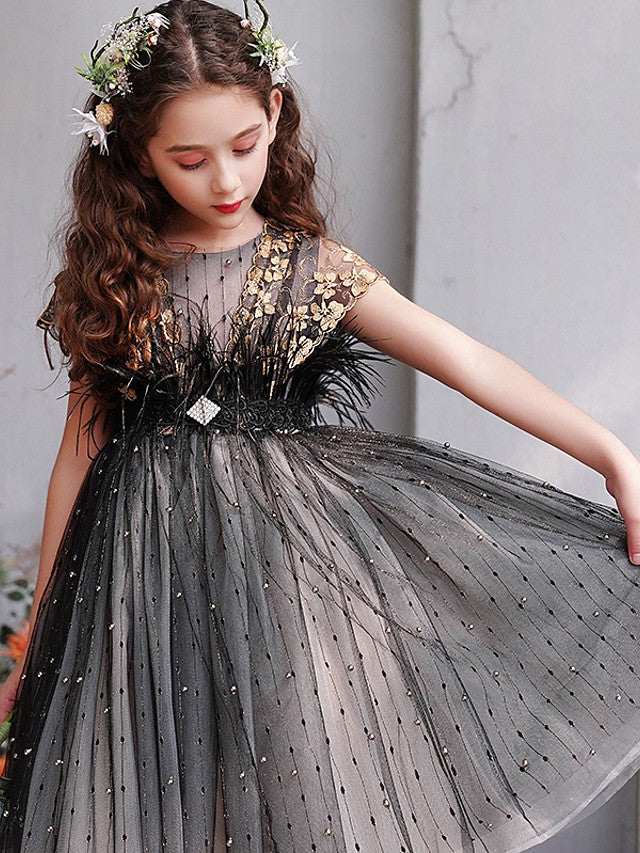 Luxurious A-Line Jewel Short Sleeve Knee Length Flower Girl Dress
