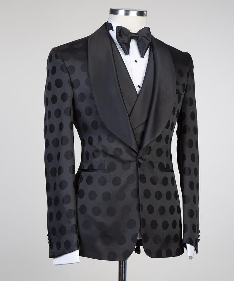 Handsome 3-Piece Formal Suit with Shawl Lapel & Black Pattern for Prom