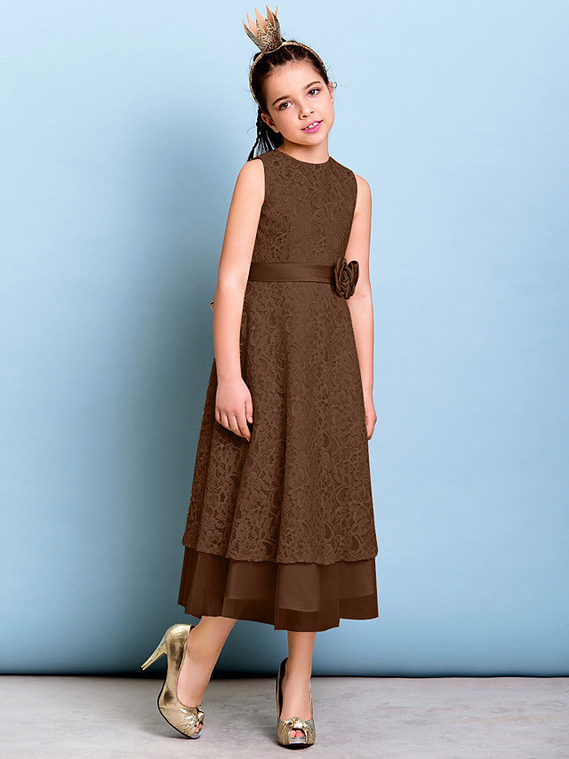 A-Line Jewel Neck Tea Length Floral Lace Junior Bridesmaid Dress with Sash & Accessories
