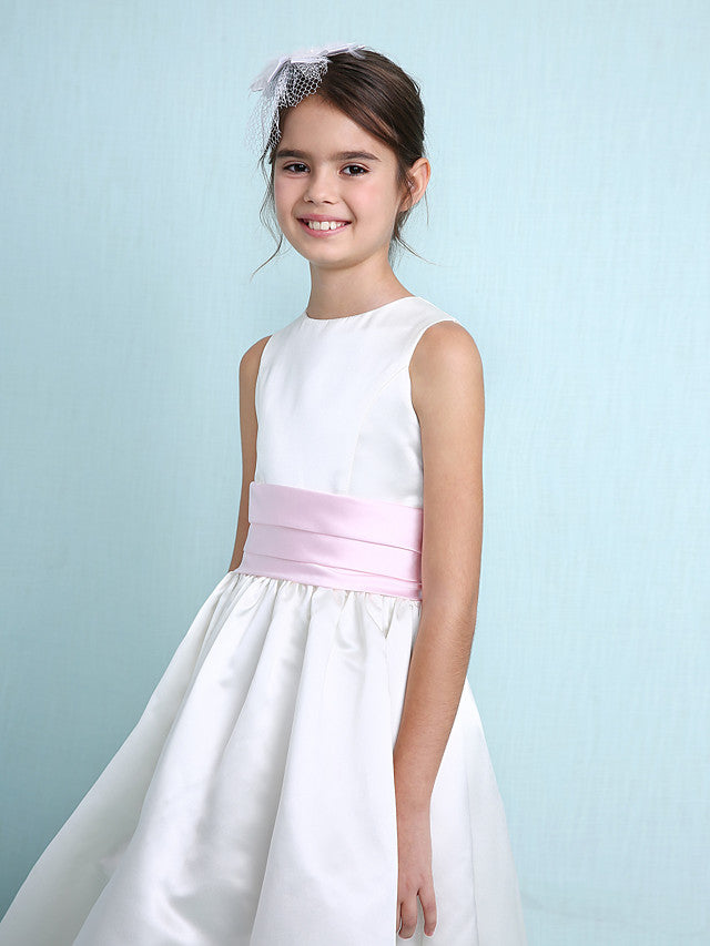 Princess A-Line Jewel Neck Satin Junior Bridesmaid Dress with Sash Ribbon Ruched Ruffles for Spring Summer Fall Winter Weddings
