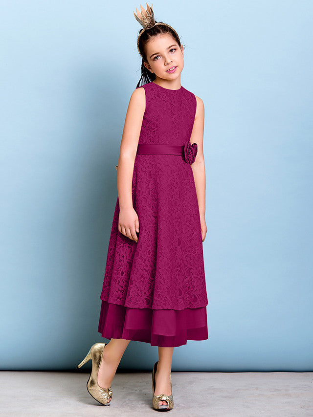 A-Line Jewel Neck Tea Length Floral Lace Junior Bridesmaid Dress with Sash & Accessories