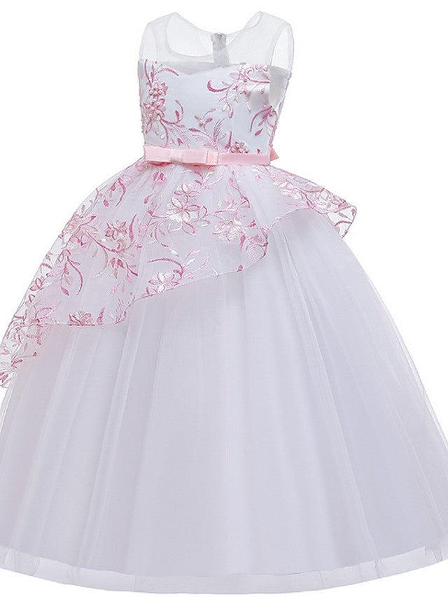 Gorgeous Sleeveless Ball Gown Flower Girl Dress with Tulle Sash Ribbon and Embroidered Bow