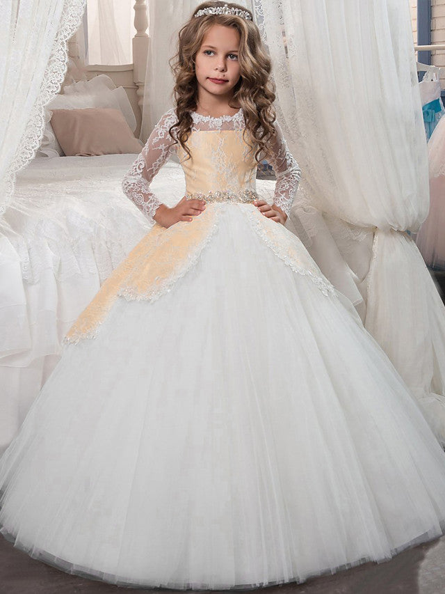 Princess Long Sleeve Jewel Neck Flower Girl Dress with Lace Crystals and Rhinestones