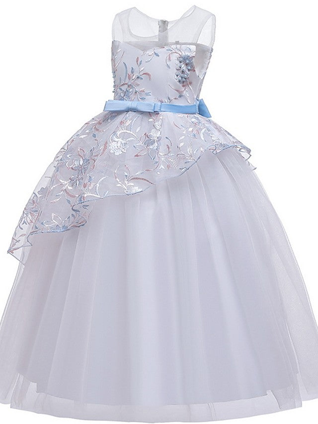 Gorgeous Sleeveless Ball Gown Flower Girl Dress with Tulle Sash Ribbon and Embroidered Bow