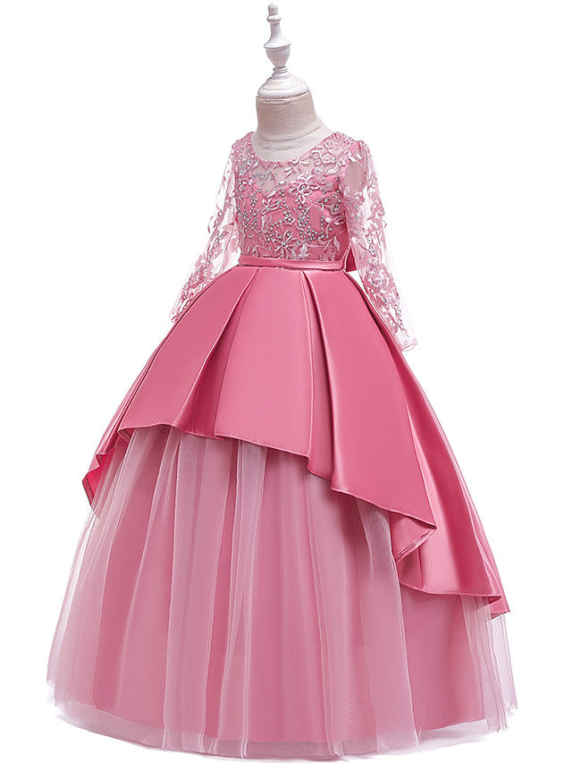 Gorgeous Long Sleeve Jewel Neck Flower Girl Dress with Tulle Satin Crystals and Lace Belt