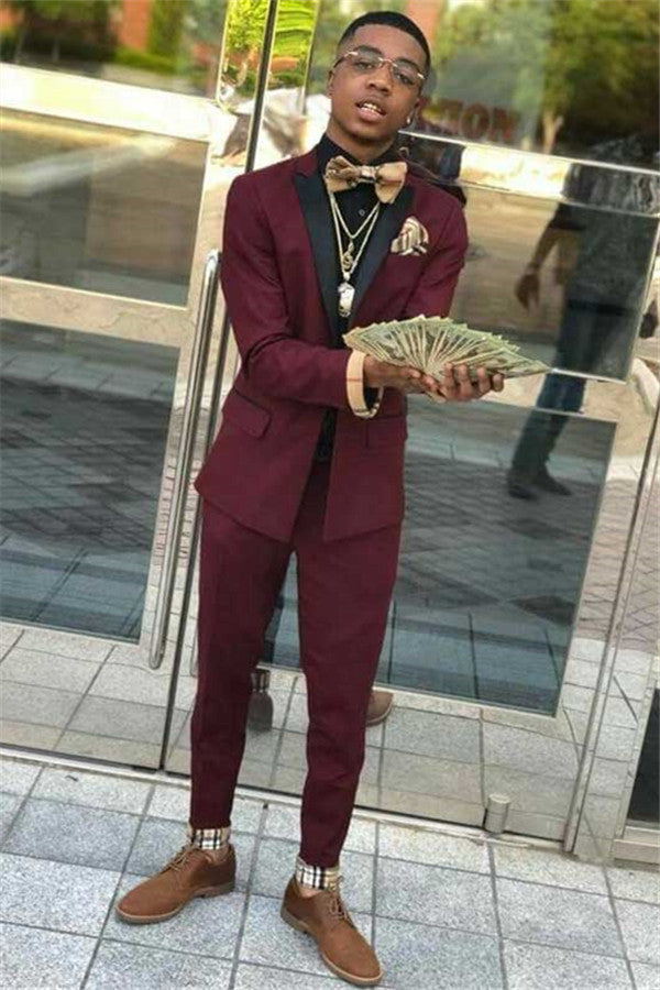 Two-Piece Party Prom Suit for Men - New Arrival Burgundy Black Lapel