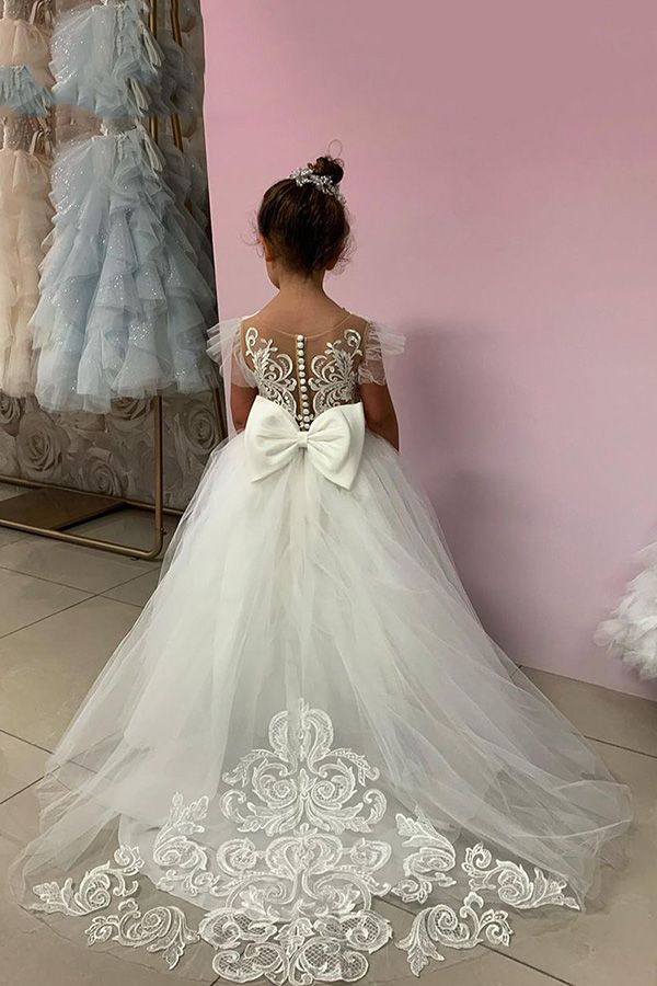 Jewel Sleeveless Ball Gown with Lace Appliques and Bow for Flower Girl Dress