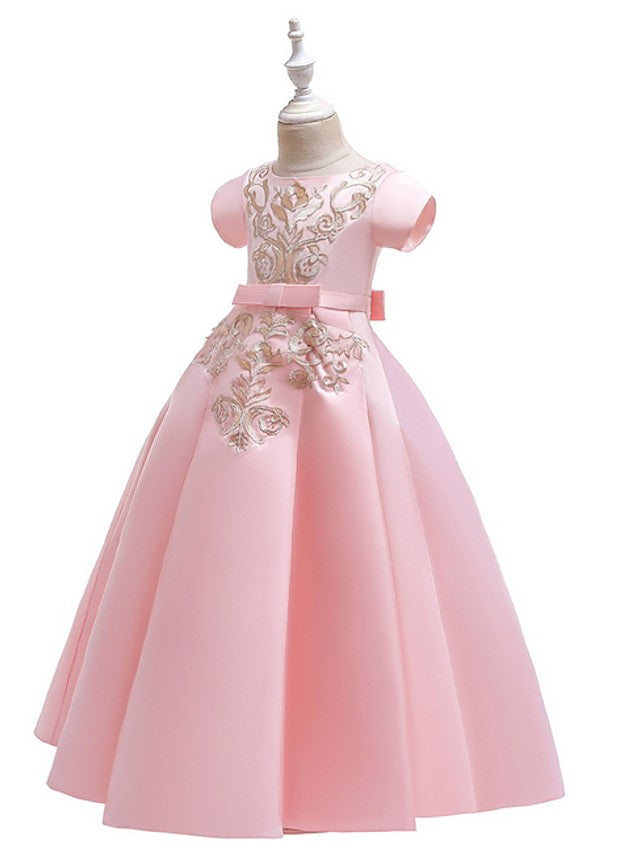 A-Line Flower Girl Dress with Short Sleeves and Bow Appliques - Floor Length