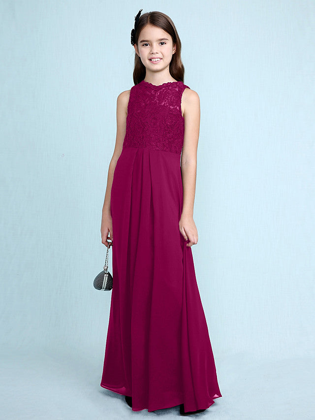 Sheath Column Scoop Neck Floor Length Chiffon & Lace Junior Bridesmaid Dress