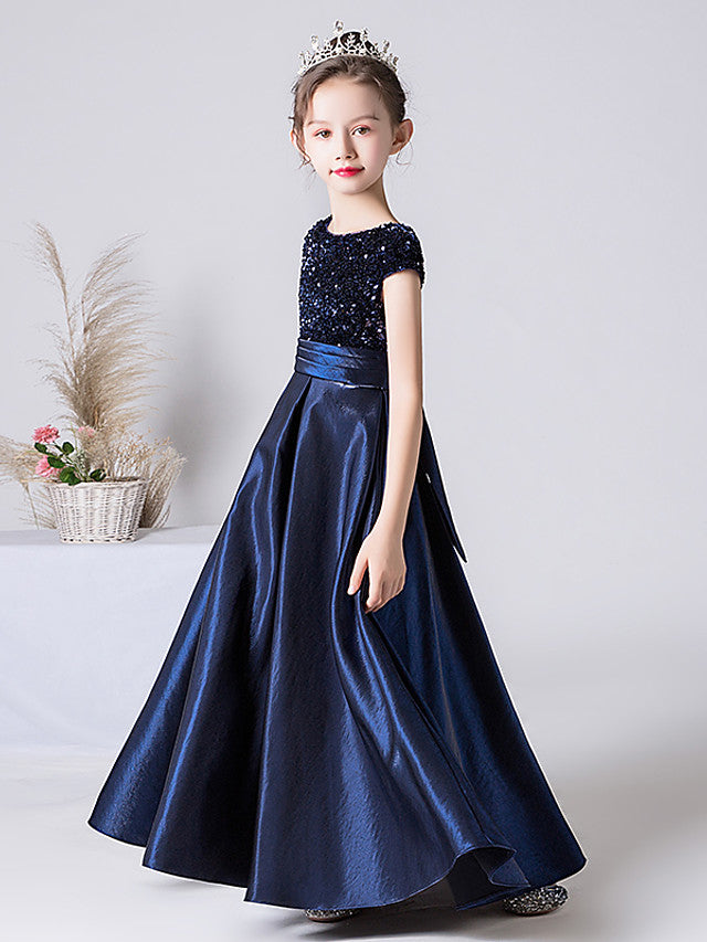 Column Cap Sleeve Jewel Neck Flower Girl Dress with Satin Pleats and Sequins