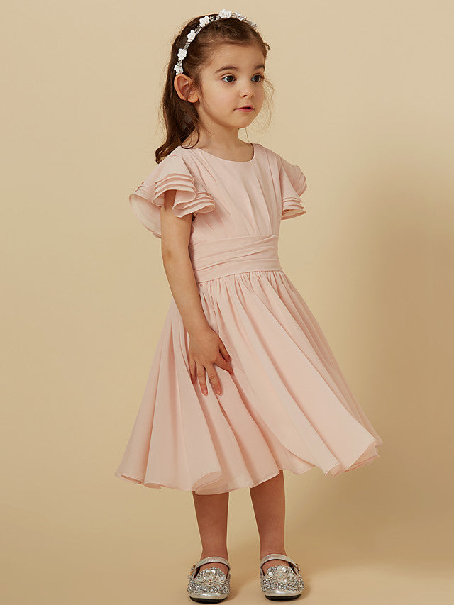 Short Sleeve A-Line Tea Length Flower Girl Dress with Sash