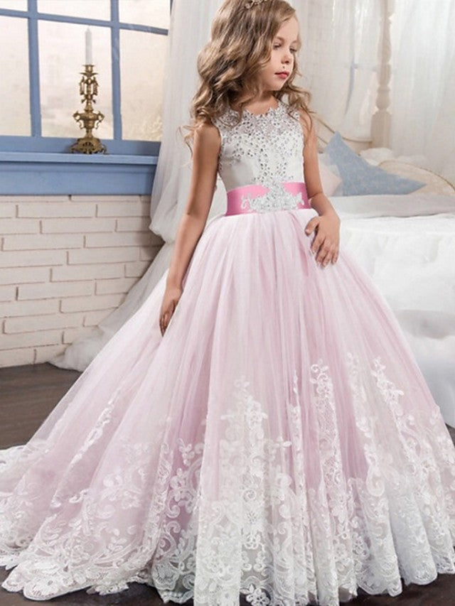 Princess Tulle Sleeveless Jewel Flower Girl Dress with Bow Appliques Beading