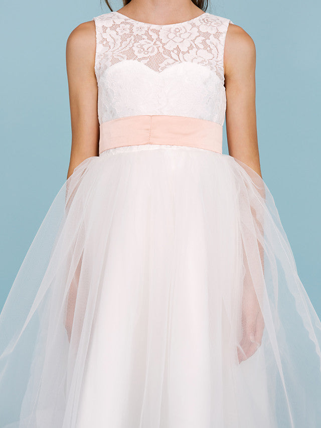 A-Line Crew Neck Tea Length Lace & Tulle Junior Bridesmaid Dress w/ Sash Ribbon Pleats for Weddings & Parties Open Back & See Through Design